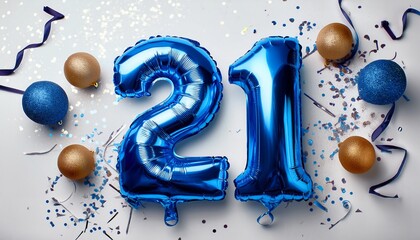 Blue balloon number 21 for twenty-first birthday or anniversary party. White background with confetti