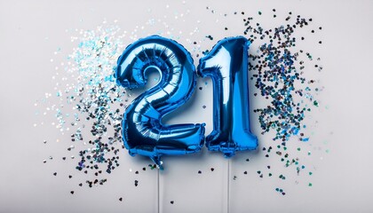 Blue balloon number 21 for twenty-first birthday or anniversary party. White background with confetti