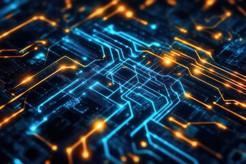 A close-up view of a circuit board pattern with communication-related symbols, representing the backbone of digital communication networks.