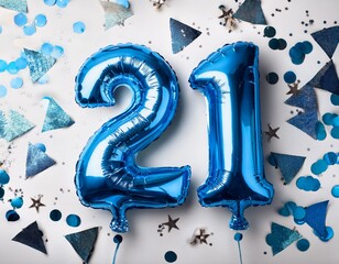 Blue balloon number 21 for twenty-first birthday or anniversary party. White background with confetti