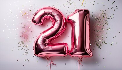 Pink balloon number 21 for twenty-first birthday or anniversary party. White background with confetti