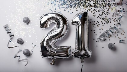 Silver balloon number 21 for twenty-first birthday or anniversary party. White background with confetti
