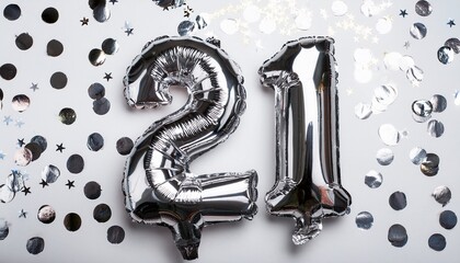 Silver balloon number 21 for twenty-first birthday or anniversary party. White background with confetti