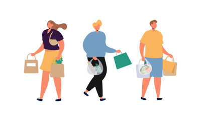 People Carrying Shopping Bags Flat Design Illustration. Collection of Male and Female Character Holding Purchases Shopping Bags.