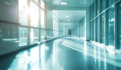 Hall way corridor backdrop soft white blue light blurred background panoramic windows bright light.
