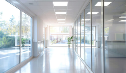 Hall way corridor soft white blue light blurred background panoramic windows bright light office.