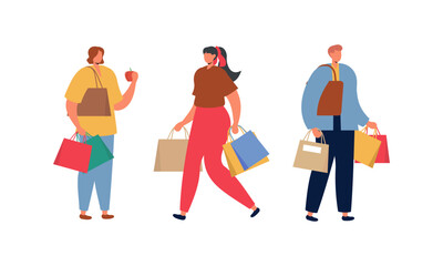 People Carrying Shopping Bags Flat Design Illustration. Collection of Male and Female Character Holding Purchases Shopping Bags.