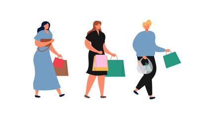 People Carrying Shopping Bags Flat Design Illustration. Collection of Male and Female Character Holding Purchases Shopping Bags.