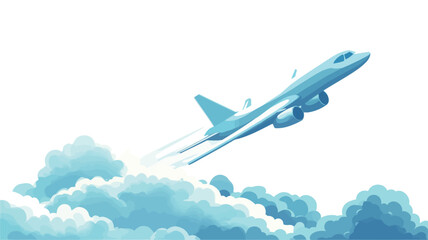 Naklejka premium Digital illustration of a light blue airplane ascending through stylized light blue and white clouds against a white background. The airplane is depicted in a three-quarter view, showing