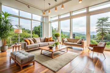 Fototapeta premium Bright Modern Minimalist Living Room with Large Windows - Stock Photo