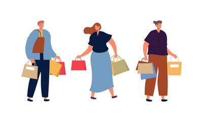 People Carrying Shopping Bags Flat Design Illustration. Collection of Male and Female Character Holding Purchases Shopping Bags.