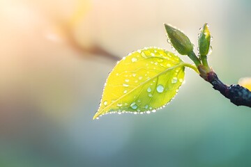green leaf with dew drops