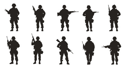 Obraz premium The image contains twelve individual silhouettes of soldiers. Each silhouette is depicted in a different standing pose, some holding rifles. The figures are uniformly black against a white