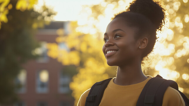 Confident female student with a backpack walking forward, upper body shot with soft side lighting, blurred school background. Academic and youth lifestyle concept.