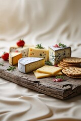Delicious cheese platter featuring assorted cheeses, crackers, and fresh tomatoes on a wooden board