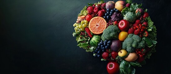 Colorful fruits and vegetables arranged in the shape of a brain.