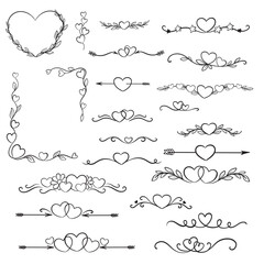 Cute Hand drawn vintage black and white flower ornament text dividers, arrows, heart, border flourishes and laurel vector design elements set for decoration. Decorative heart silhouette for wedding
