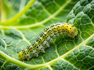Fototapeta premium Cabbage White Caterpillar Devouring Cabbage Leaf - Macro Stock Photo