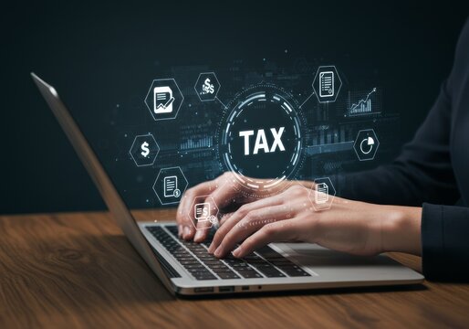 Hands typing on laptop with digital tax graphics overlay.