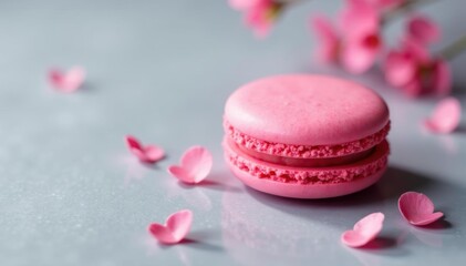 Obraz premium Delicate pink macaron, centered, on matching background , macro, photography, french