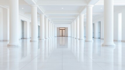 Fototapeta premium Expansive interior hallway with elegant columns and reflective marble flooring, ideal for contemporary architecture and design concepts