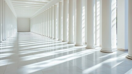 Elegant white columns casting shadows in modern architectural corridor with light-illuminated marble floors