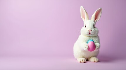 Obraz premium adorable white easter rabbit with colorful easter eggs on purple and pink spring background. mockup