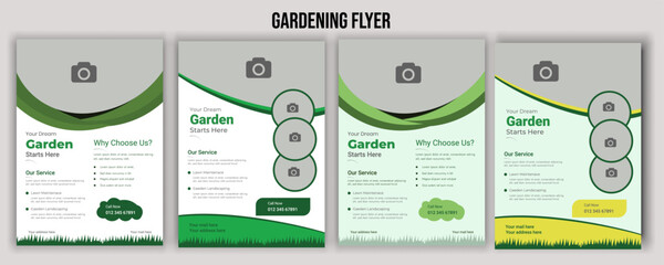 Lawn mower landscaping garden service flyer brochure cover template. Tree and gardening service poster leaflet design. lawnmower flyer template.

