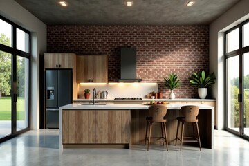 Open-plan kitchen with exposed brick wall, concrete flooring, urban, wood, cool