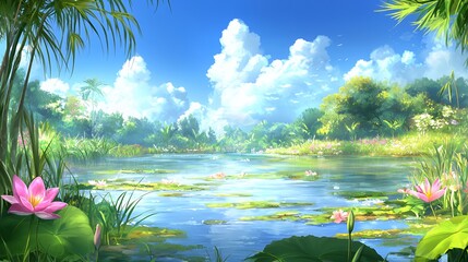 Serene Tropical Lake Landscape with Pink Lotus Flowers