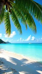 Overhanging palms frame a pristine Bora Bora beach , coastline, idyllic, serene