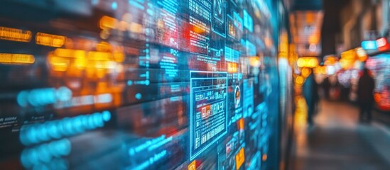 Futuristic digital display in city street.