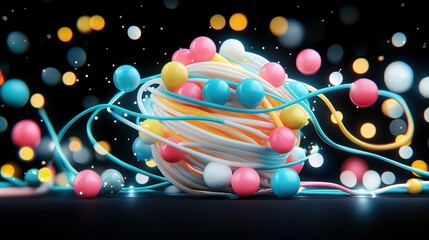 Vibrant fusion of colorful strands and playful orbs against a dreamy bokeh background for creative inspiration