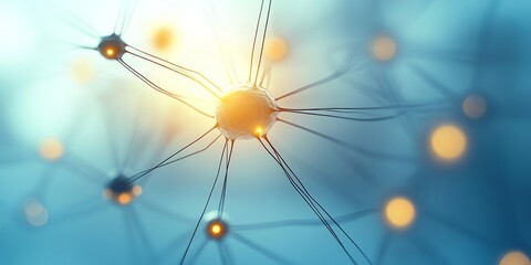 Abstract Neural Network Interconnected Golden Nodes and Geometric Lines on a Blue Background