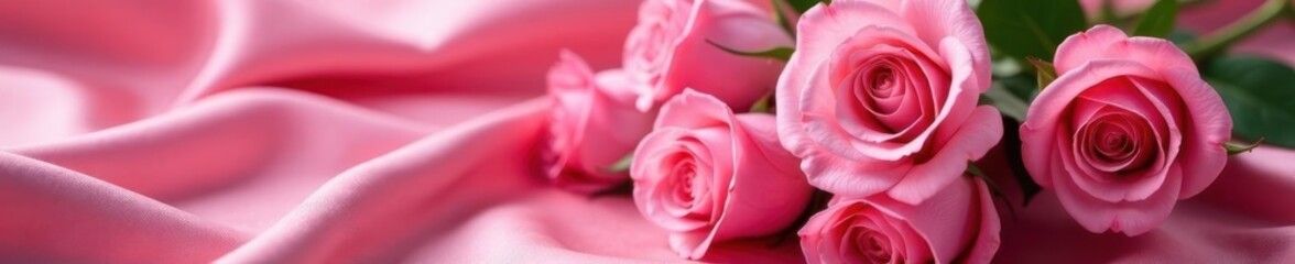 Fototapeta premium A cluster of velvety pink roses draped on luxurious silk , wedding, pink, rose