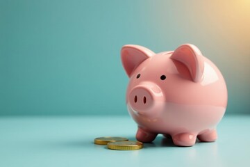 A ceramic piggy bank; a single gold coin rests nearby , treasure, economy, close-up