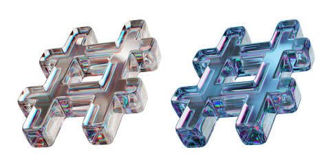 Hashtag letter symbol made of dispersion chromatic glass isolated over transparent background. 3d render illustration