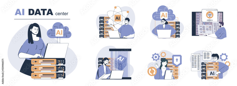 Aufkleber AI data center concept set in flat web design. People in isolated scenes using network computing with artificial intelligence technology, cloud processing and server computing. Vector illustrations.