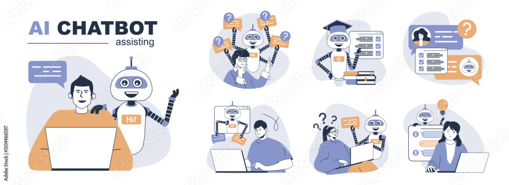 Poster AI chatbot assisting concept set in flat web design. People in isolated scenes talking with artificial intelligence advisers, searching and getting answers, connecting with bots. Vector illustrations.