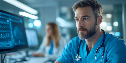 Fototapeta premium focused doctor analyzing patient data on computer screen