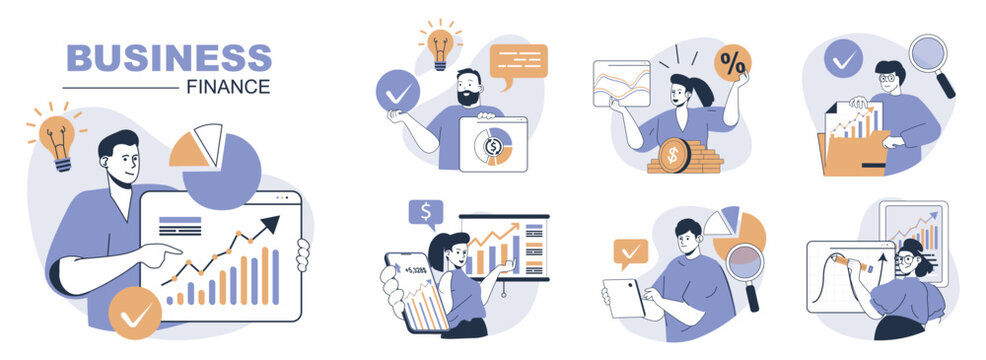Business and finance concept set in flat web design. People in isolated scenes making financial analysis, planning income growth strategy, brainstorming and project improvement. Vector illustrations.