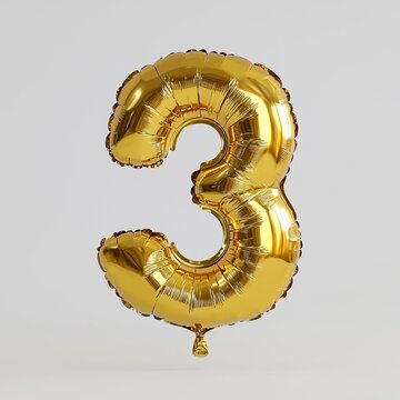 Palloncino dorato a forma di numero 3, brillante e festoso, ideale per celebrazioni e compleanni. Sfondo bianco trasparente