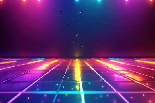 vibrant neon lights illuminating futuristic dance floor with glowing grid pattern. concept of retro disco and nightlife. music event, party invitation, digital wallpaper.
