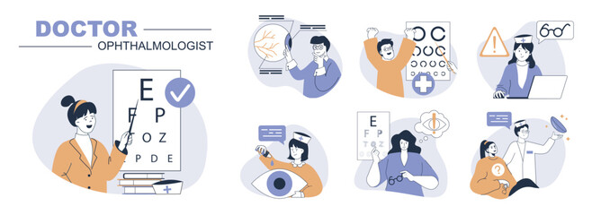 Fototapeta premium Doctor ophthalmologist concept set in flat web design. People in isolated scenes visiting eye clinic for eyesight tests and eyeball research, get correction with lens or glasses. Vector illustrations.