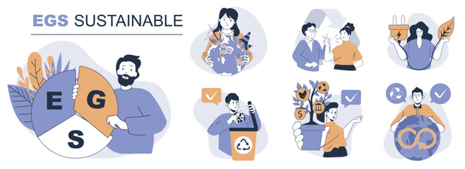 ESG sustainable concept set in flat web design. People in isolated scenes doing responsibility businesses with circular economy, environmental protection and waste recycling. Vector illustrations.