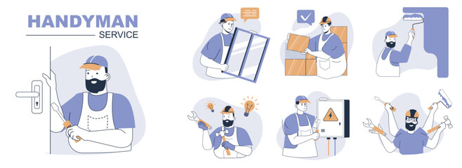 Handyman service concept set in flat web design. People in isolated scenes doing house repair, installing windows, builder bricklaying and painting walls, electrician fixing. Vector illustrations.