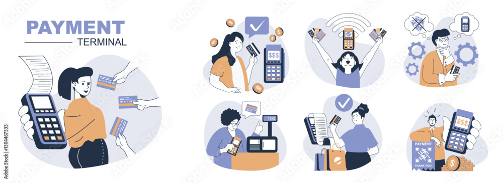 Poster Payment terminal concept set in flat web design. People in isolated scenes using wireless and contactless POS terminals for paying paying with bank credit cards at checkout. Vector illustrations.