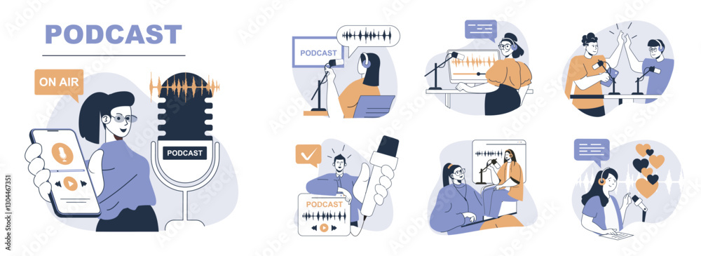 Aufkleber podcast concept set in flat web design. people in isolated scenes record audio interview or online s