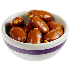 3D illustration of Dates Bowl. A beautifully rendered 3D icon representing the Holy Month of Ramadan. Ideal for Ramadan Kareem and Eid Mubarak greetings. High-quality, isolated on a white background.