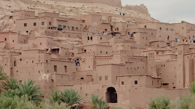 Ancient Ait Benhaddou Kasbah in Morocco. Built of clay bricks, this UNESCO World Heritage site stands as a testament to traditional Moroccan architecture.